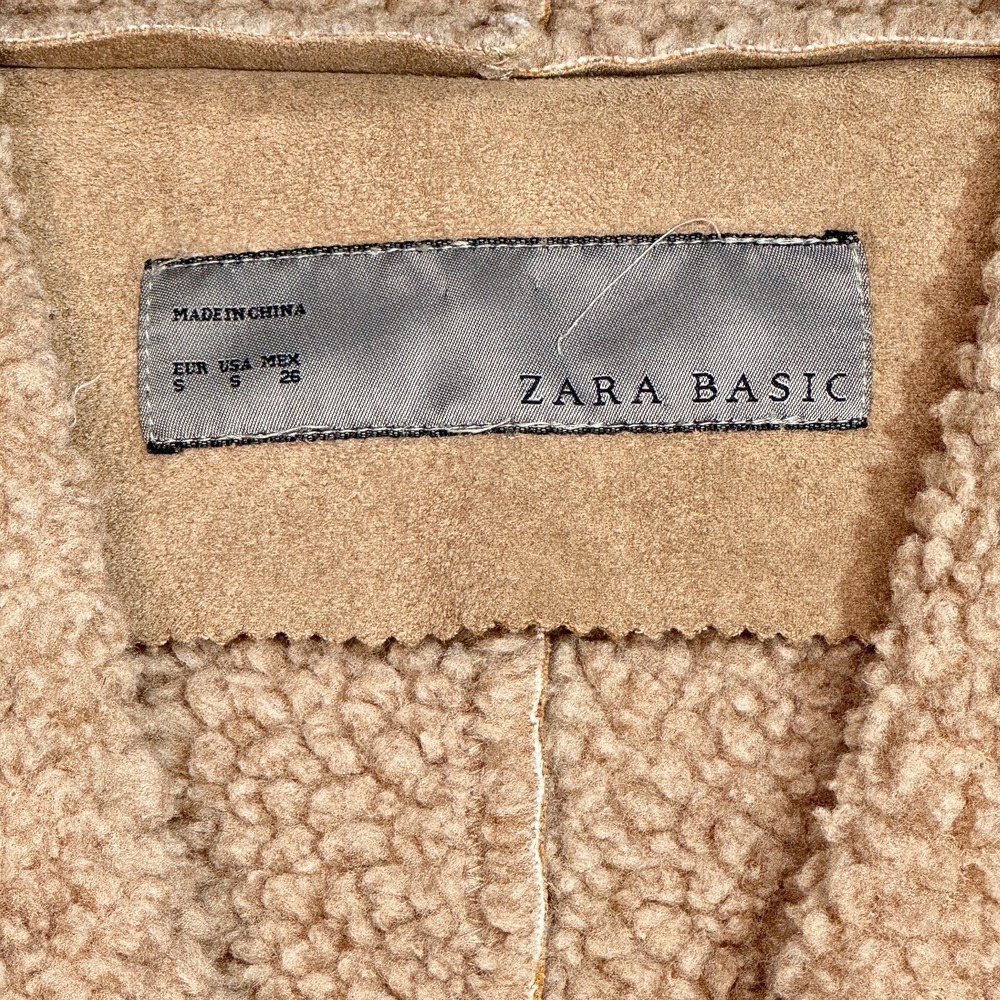 Zara Basic Jacket S Faux Suede Shearling Lined Coat‎ Beige 3/4 Sleeve Mid length - Picture 5 of 5